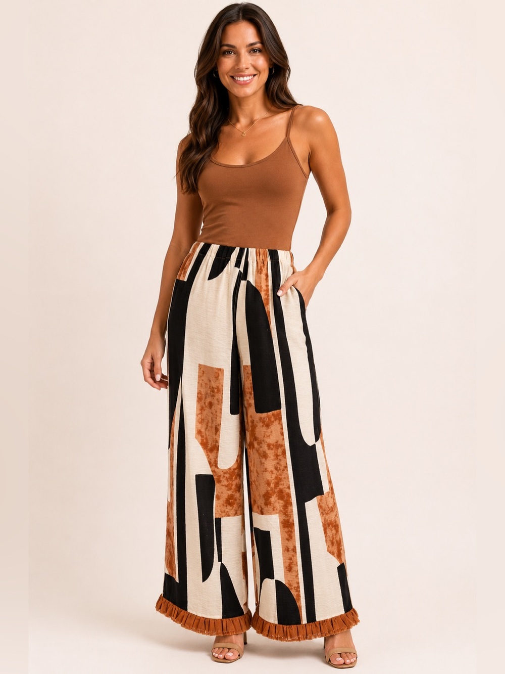 Wide Leg Printed Fringe Hem Pants in Brown & Black